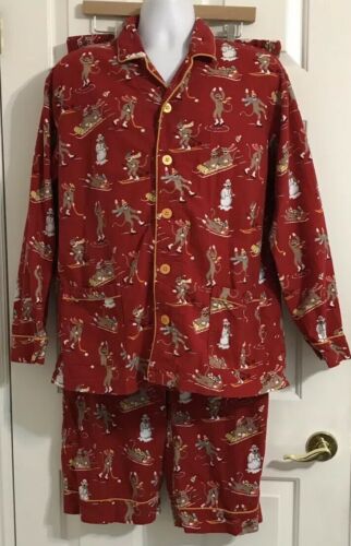 Men's Nick and Nora LS Button Pajamas/PJs Set/Top/Bottoms - Red/Monkeys - Size L