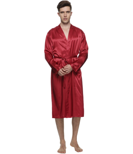 FAYBOX Men Satin Robe Long Bathrobe Lightweight Sleepwear RED XL