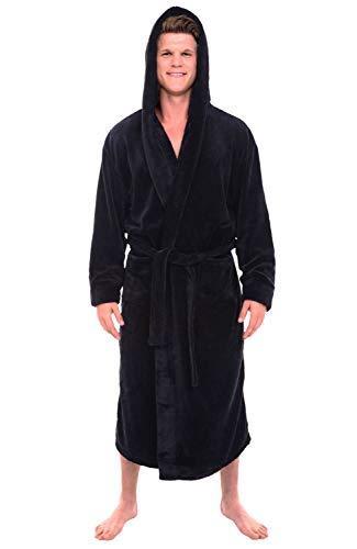 Men's Hooded Black Bathrobe Fleece 1XL 2XL Soft Full Length Spa Robe Micro Big
