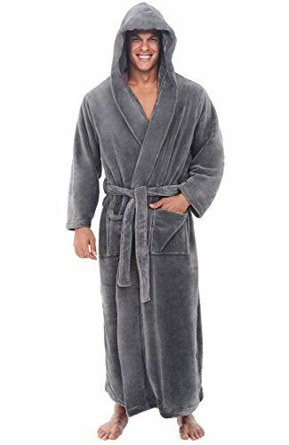 Men's Hooded Steel Bathrobe Gray Fleece Small Medium Full Length Spa Robe Micro