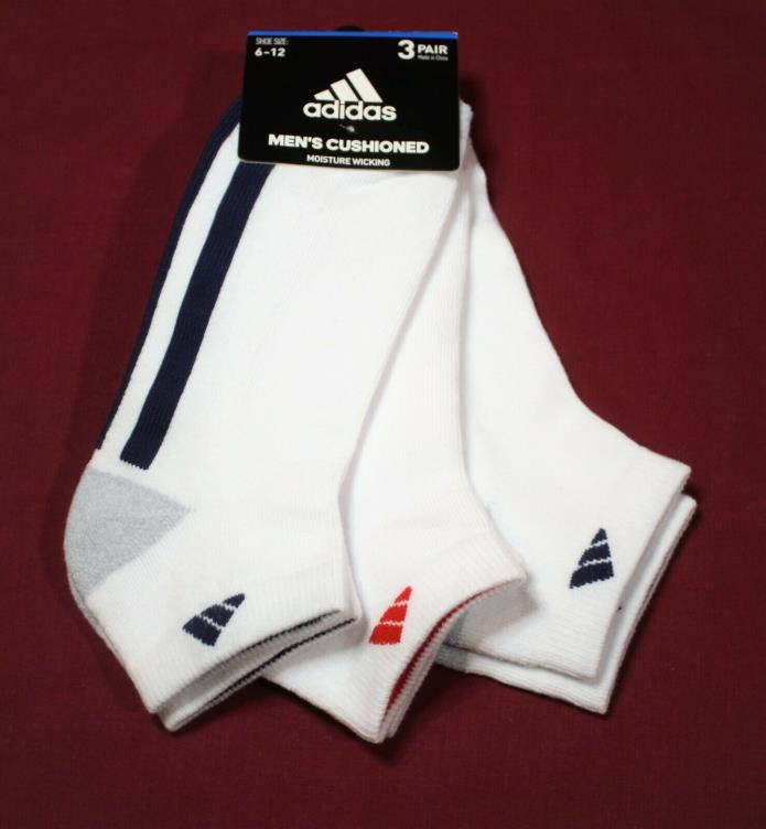 Adidas Mens No-Show Socks 3 Pairs Fits Shoe Size 6-12 Cushioned White W/Stripes