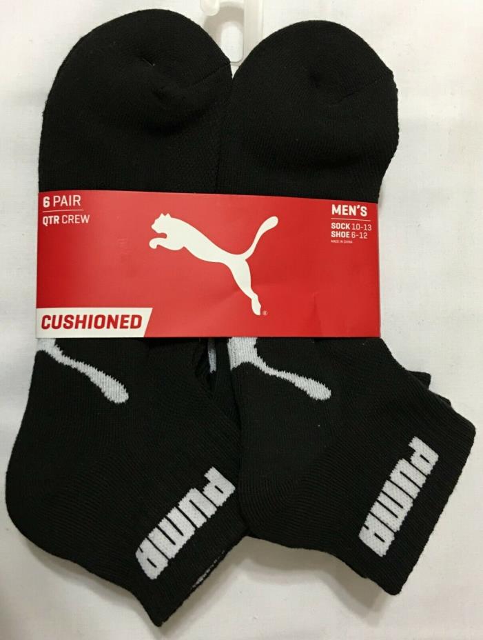 Puma Men's Sport Coolcell 6-Pair Quarter Crew Socks -- Black with Puma  (1129)