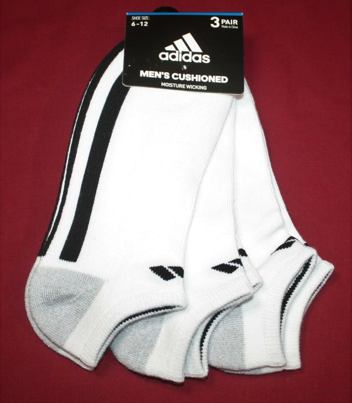 Adidas Mens No-Show Socks 3 Pairs Fits Shoe Size 6-12 Cushioned White/Black New