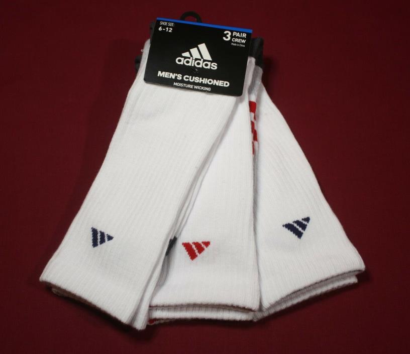 Adidas Mens  Moisture Wicking Cushioned Crew Socks 3 Pair Sz 6-12 White Red/Blue