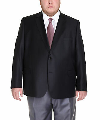 Mens Portly Fit Solid Black Two Button Wool Blazer Suit Jacket