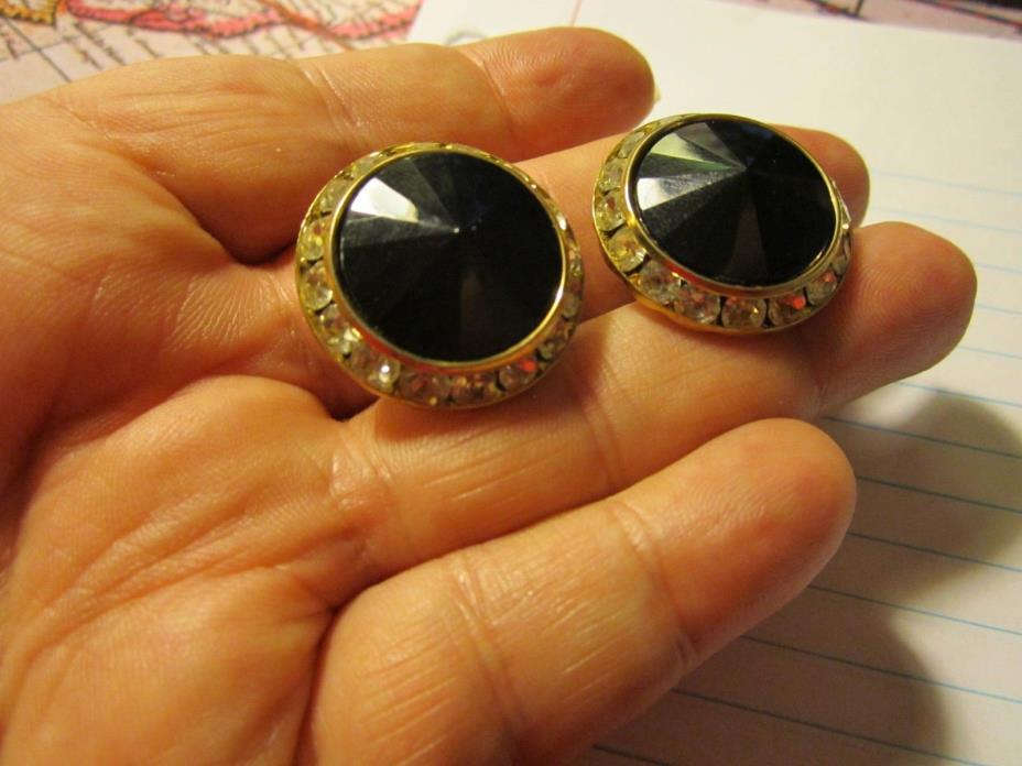 Vintage 1960 - 1980 Gold Tone SHOE / HANDBAG Clips Round with Rhinestones Black