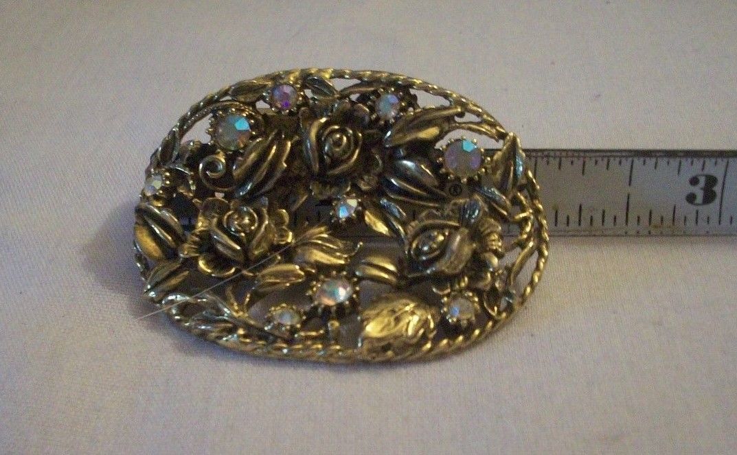 VINTAGE ORNATE MUSI GOLD ROSES & LEAVES WITH RHINESTONES SHOE CLIP