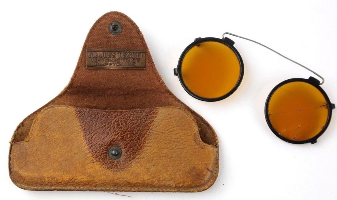 VINTAGE CLIP ON SUNGLASSES - AMBER LENSES OPTOMETRIST BLUFFTON, IN LEATHER CASE
