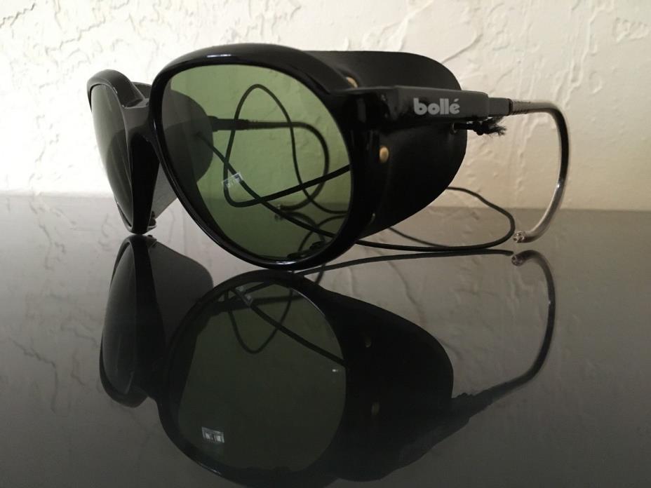 Vintage 1980s  Pristine Bolle France Black Glacier Glasses Green Lens NEW!