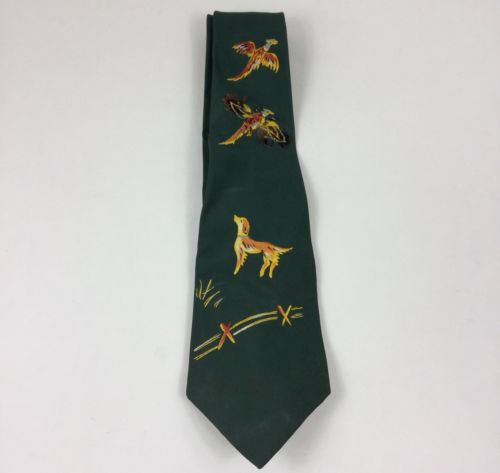 1940s Regal Cravat Tie Hand Painted Duck Hunting Dog Feathers Necktie Vtg