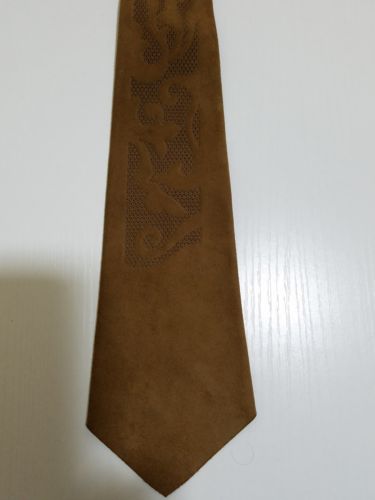Vintage 1960's Soft Suede Nubuck LEATHER Tie Geometric Brown Fleur de lis short