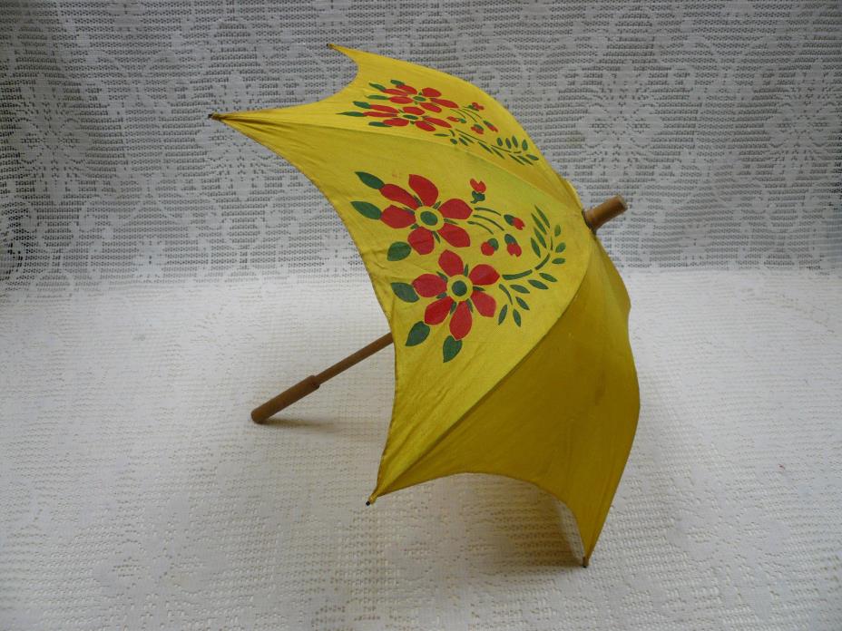 Vtg Child Parasol Umbrella Small Yellow Floral Wood Handle Japan Fully Functions
