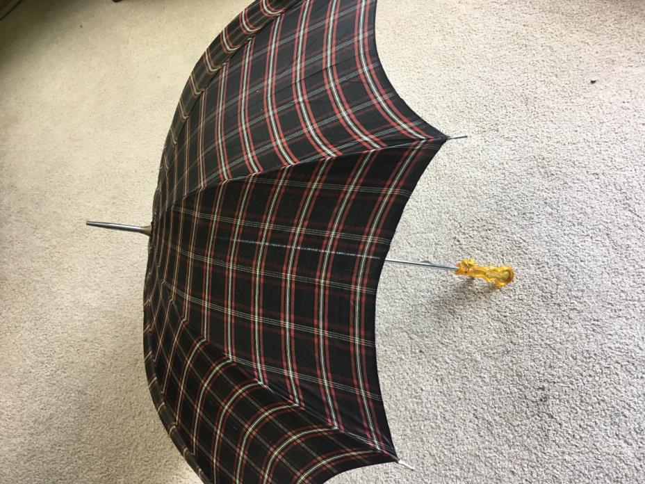 VTG Black Plaid Canopy Umbrella Parasol Fancy Acrylic Lucite Handle Metal POINT