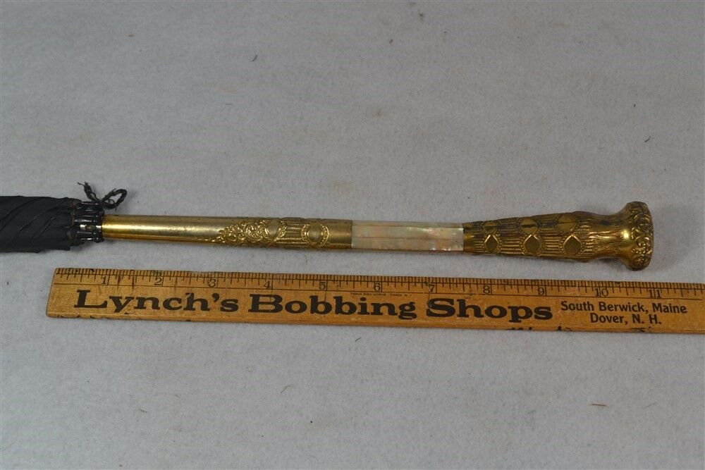 antique umbrella parasol 10 k plated MOP unisex walking black Edwardian 1890 vg