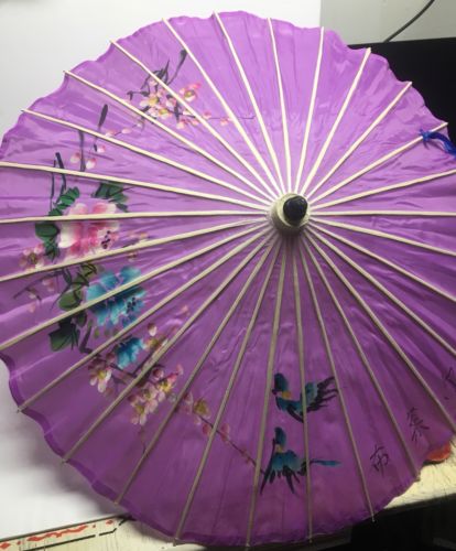 Japanese Parasol Umbrella Purple Hand Painted Cherry Blossoms Flowers