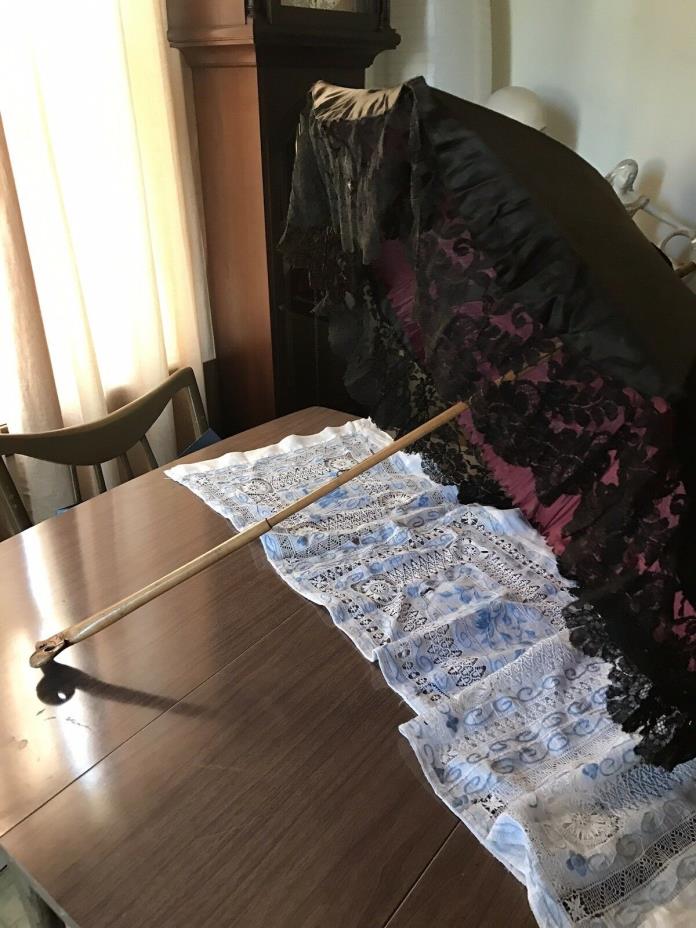 Victorian French Black Lace Silk Parasol Carved Bird Handle
