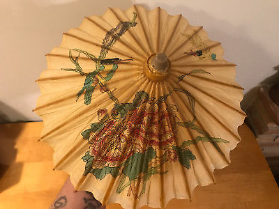 Vintage Chinese China Hand-Painted Paper Bamboo Umbrella #2 birds flowers 15