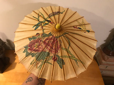 Vintage Chinese China Hand-Painted Paper Bamboo Umbrella #1 birds flowers 15