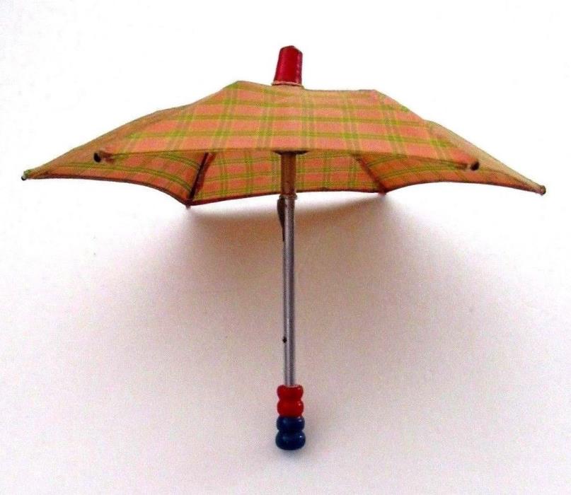 Vintage Peach Green Plaid Doll Umbrella Wooden Handle &Tip Metal Shaft