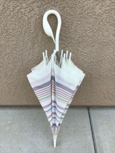 Vintage Gloria Vanderbilt Striped Umbrella w/ Sculpted White Swan Handle