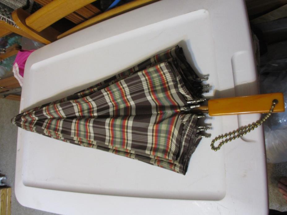 ANTIQUE VINTAGE PARASOL UMBRELLA BUTTERSCOTCH BAKELITE HANDLE BROWN PLAID