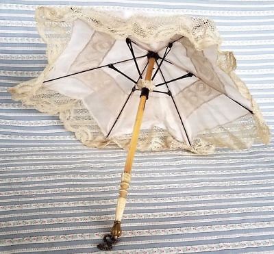 Antique French Fashion Doll Parasol Pink Silk & Lace Carved Handle 10.5