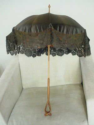 Antique Victorian Ladies Black Silk Lace Parasol