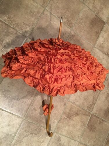 1930’s Beautiful Orange Pagoda Ruffled Parasol Umbrella Bakelite Handle RARE!