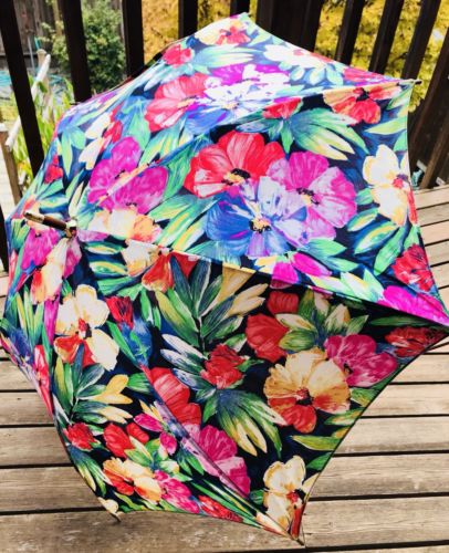 Vtg Mespo Floral Watercolor Art Umbrella Full Size Parasol Wood Handle NY USA