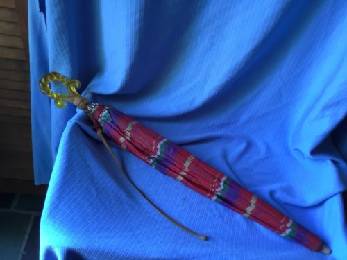 VTG UMBRELLA YELLOW FLORAL BASKET LUCITE HANDLE COLORFUL STRIPES ALIGATOR CASE
