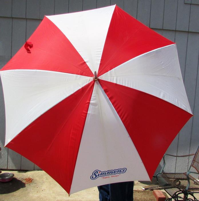 Vintage Large Red & White Umbrella With Wooden Handle