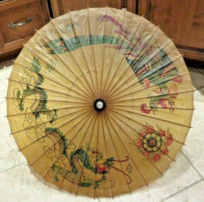 Vintage Antique Japanese Asian Umbrella Parasol Bamboo Chinese Dragon
