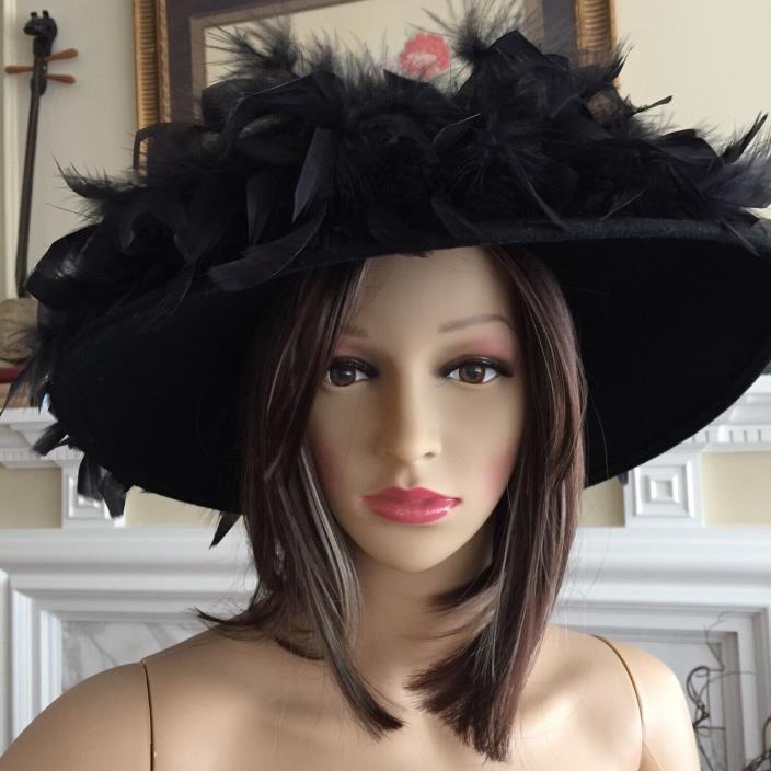 Vintage 1950s Betmar Black Wool Hat Fascinator with Dyed Peacock Feathers EUC