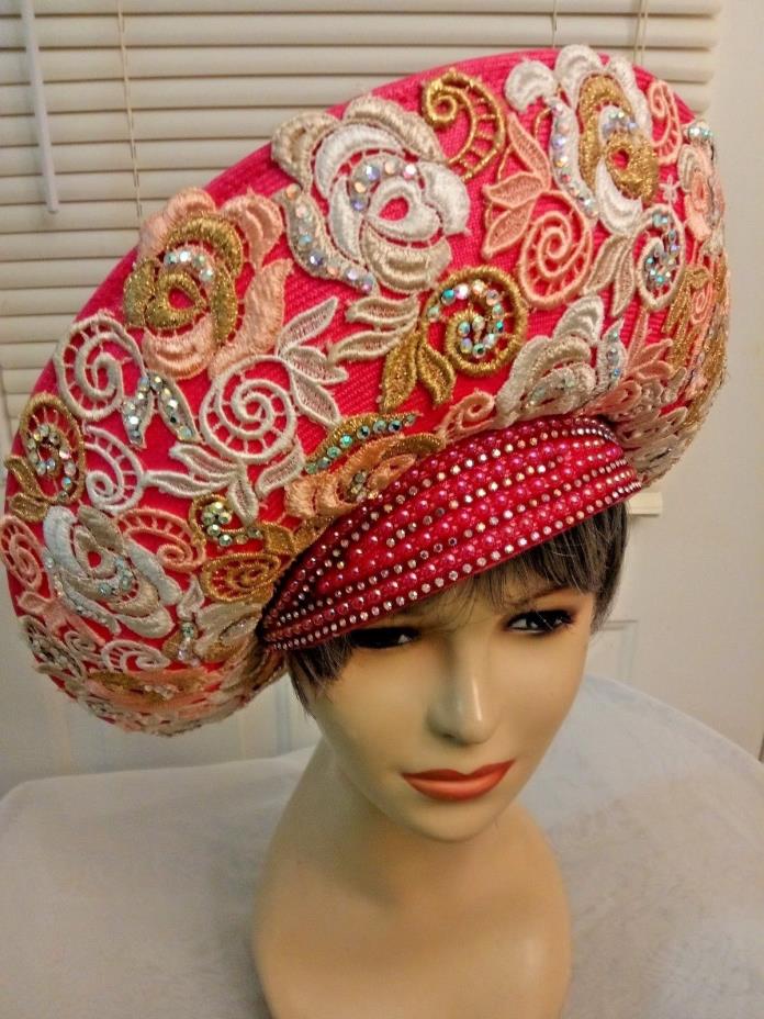 GORGEOUS!!! STYLED BY JACK MCCONNELL NY DEEP PINK APPLIQUE FLORAL RS LADIES HAT