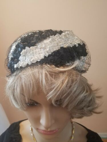 Chez Originals cream and black with black netting Vintage hat
