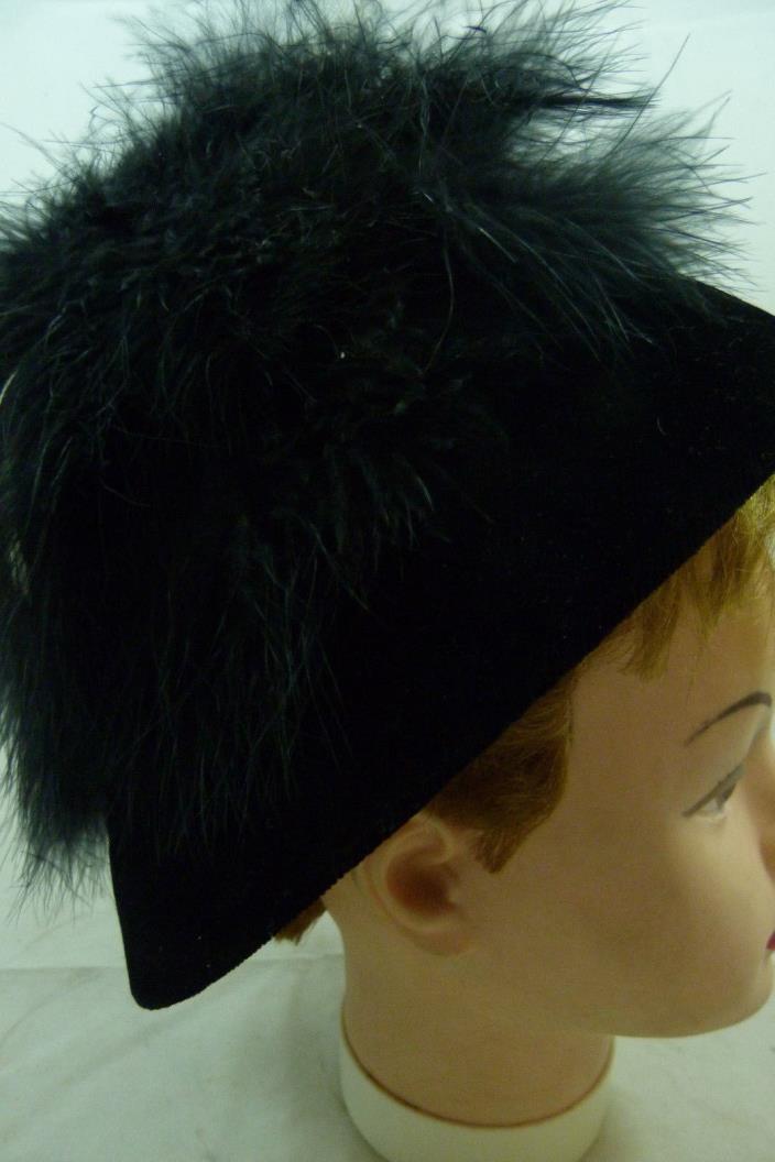 Vintage Ladies Black Feather Hat Womens Fancy Cap Fuzzy Holiday Church Sunday