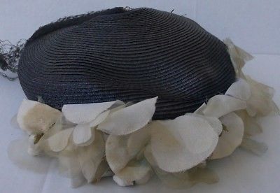 vtg 1940s? saucer hat millinery flowers white velvet satin tulle Union Made USA