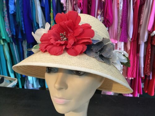 Vintage Spring Tall Fine Straw Cloche Hat Silk Flowers 23” Diameter No Damage