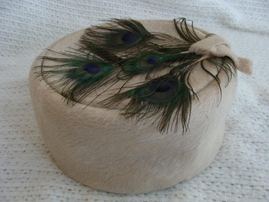 Vintage Beige Women's Pill Box Hat Peacock Feather Trim Costume Retro Fur Felt