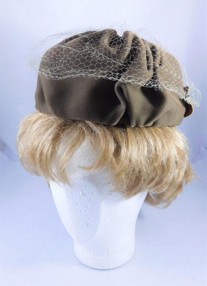 Vintage Womens Hat Pill Box Velvet Velour with Bow Netting Brown Fall Winter