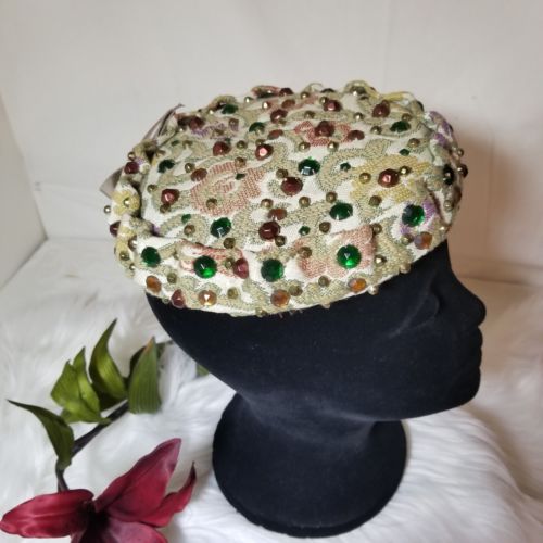 Beige and Green Pillbox Vintage Womens  Henry A Hats New York Embellished Bling