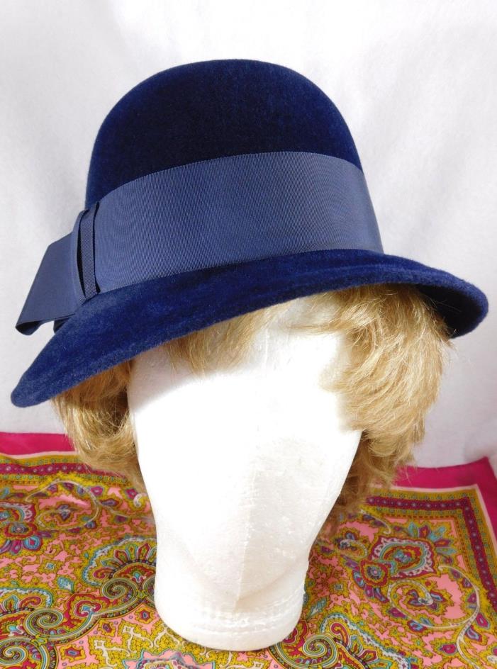 Vintage Ladies Hat Bucket Cloche Brim Ribbon Navy Blue Velour Union Made USA