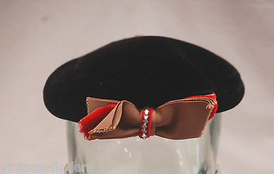 Old Vintage Ladies Black Velvet Pillbox Hat w Rhinestones & Combs by Miss Irene
