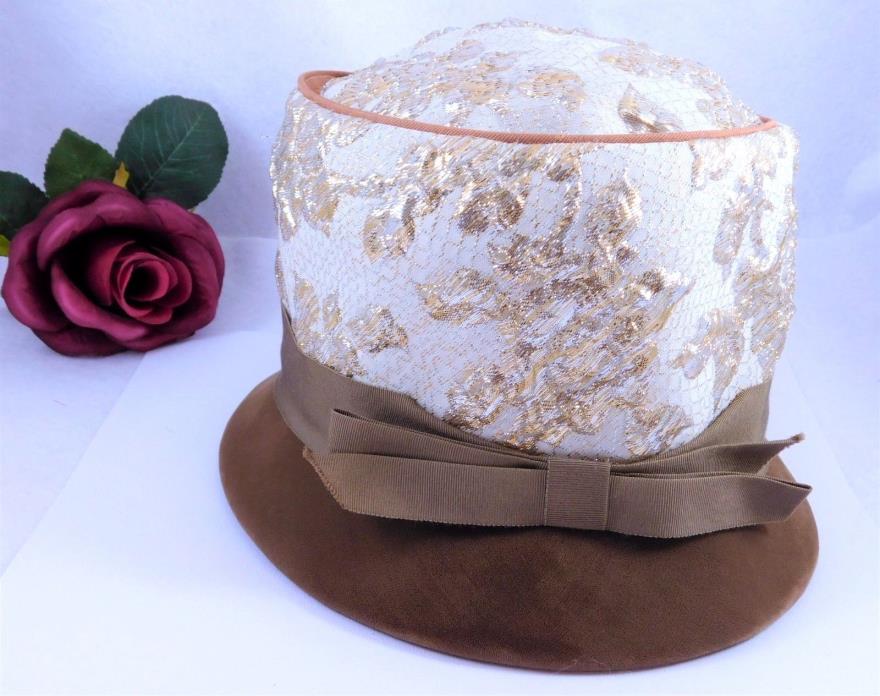 Vintage Cloche Hat Maxine Hats Brown Cream Gold Tan Ribbon Bow Brocade