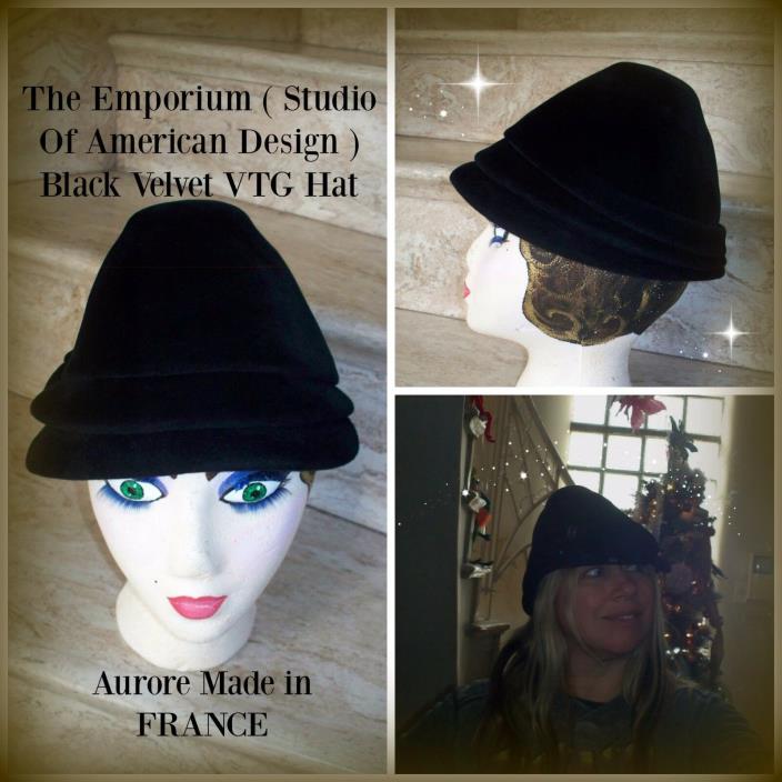 Vintage 40's 50's The EMPORIUM Black Velvet Tiered Women's Aurore France Hat