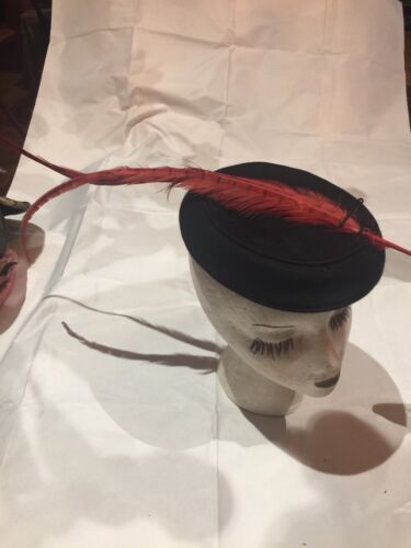 Vintage Black Wool Felt Barrett Red Peasant Feather Antique Hat