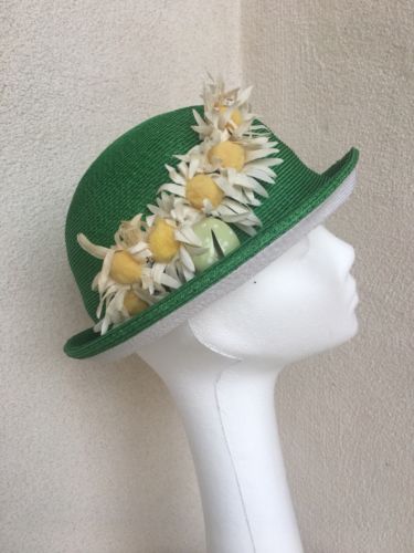 Vintage Adolfo II Hat Cloche Straw Green White Daisy Pin Sz 21.5”