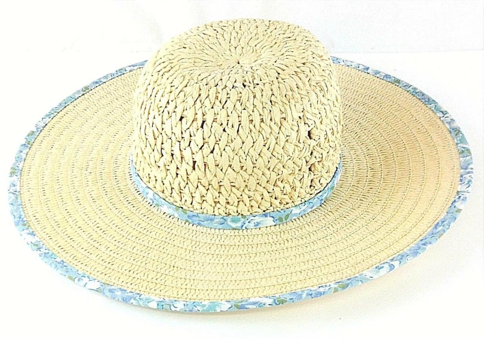 Vintage TRIXIE Wide-Brimmed Woven 100% Paper Hat Light Blue & White Flowers