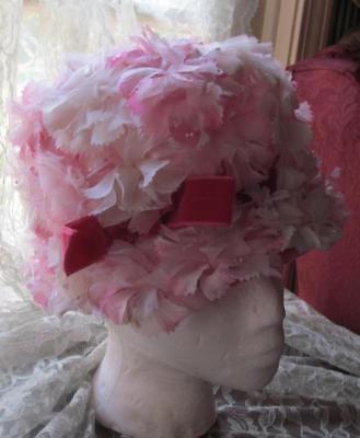 Vtg.1950's-60's Pink Chifflon Floral Hat / Velvet Ribbon Band & Pearl Accents