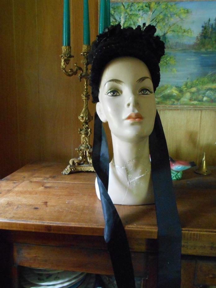 Vintage Antique Civil War 1860's Velvet BONNET HAT BLACK FLOWERS 1800's